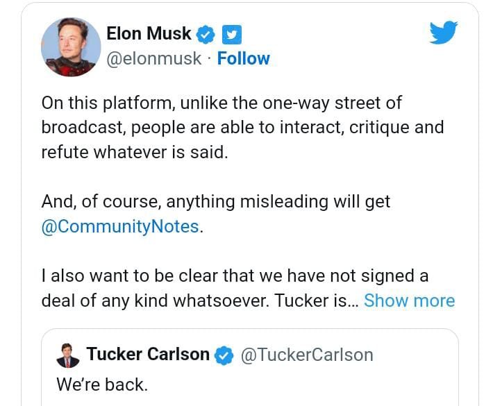 Tucker Carlson Announces Relaunch of Show on Twitter; Elon Musk Responds